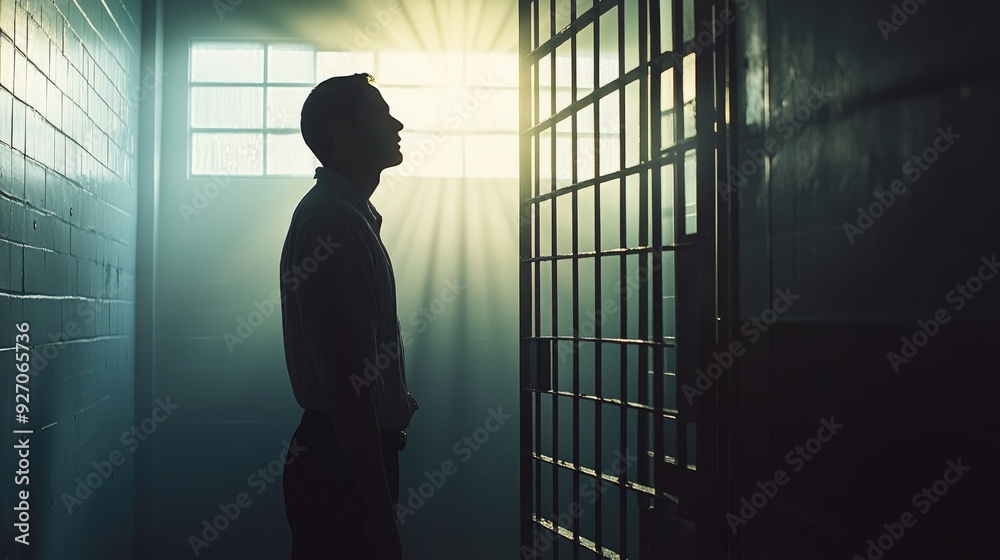 Fototapeta premium Side view of a prisoner standing behind bars in a jail cell, capturing the loneliness and confinement of incarceration