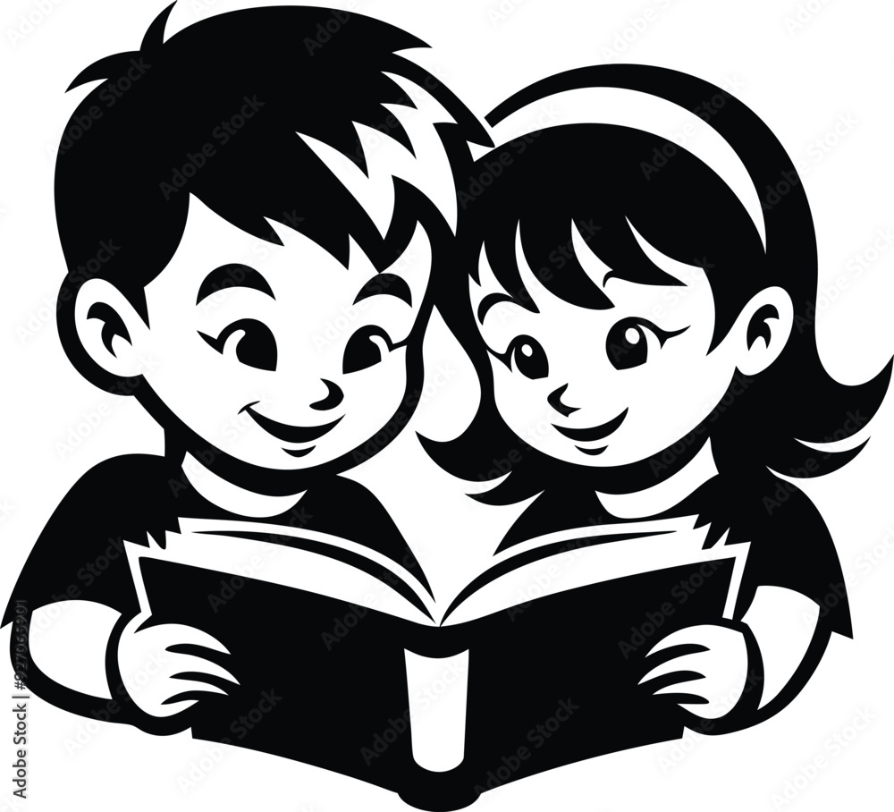 Little boy and little girl reading book illustration black and white