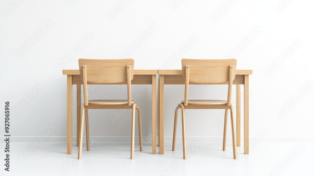 Simple classroom desk and chairs isolated on a white backdrop, highlighting the basic furniture used in schools Simple classroom desk and chairs isolated on a white backdrop, highlighting the basic furniture used in schools