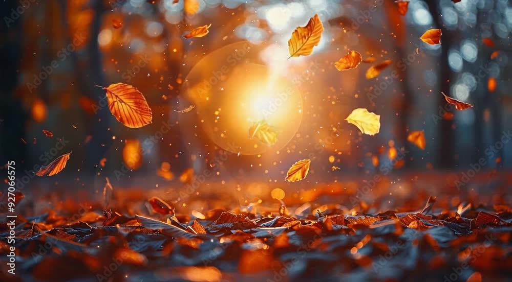 orange leaves swirl in the air and fall to the ground in rays of golden sunlight. Warm tones and soft lighting create an atmosphere of coziness and beauty in the autumn forest.