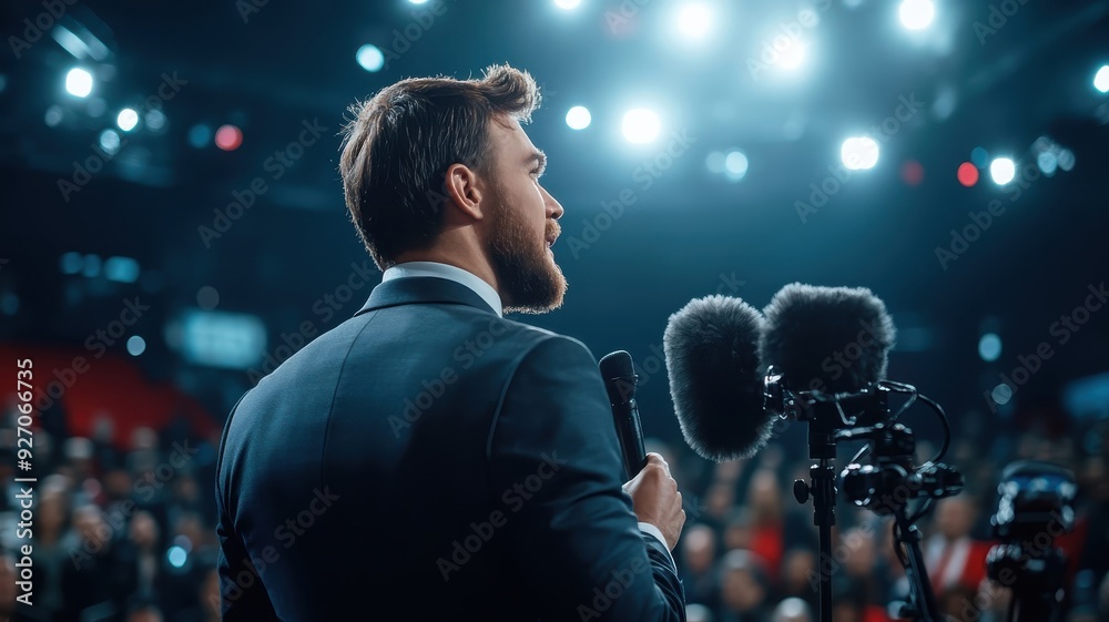 Businessman giving passionate speech, illuminated by spotlight. Businessman giving passionate speech, illuminated by spotlight.