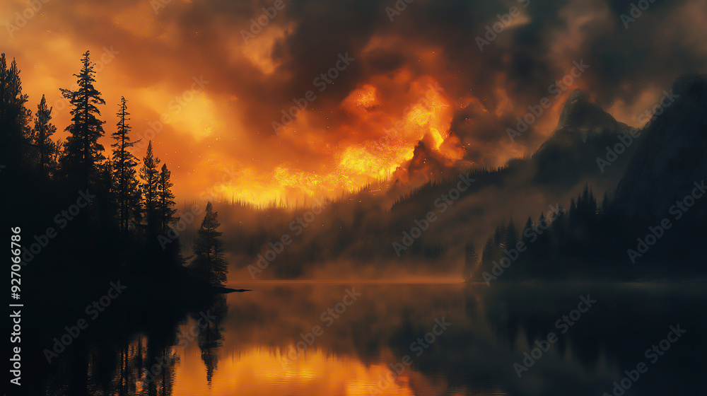 smoke on the water, a fire in the sky, forest smoke on the water, a fire in the sky, forest