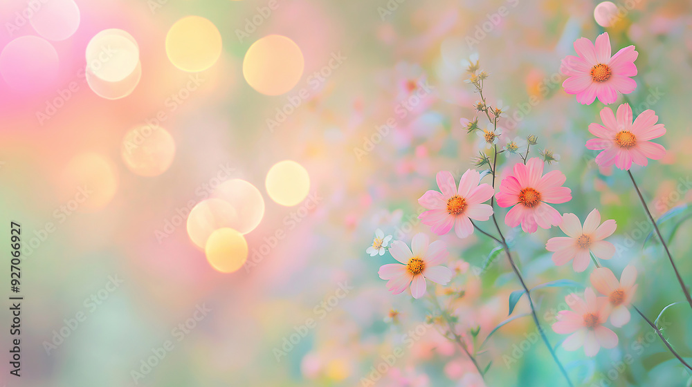 summer flowers on Blurred background with soft pastel colors, bokeh effect, pink green yellow white summer flowers on Blurred background with soft pastel colors, bokeh effect, pink green yellow white