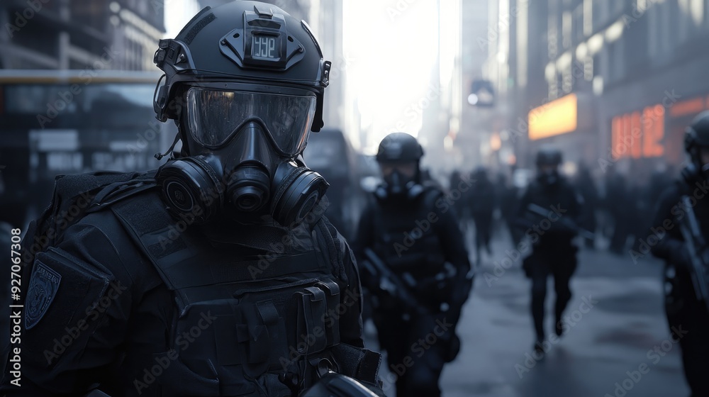 Urban scene with a police patrol in body armor and gas masks, highlighting the intense security measures in place Urban scene with a police patrol in body armor and gas masks, highlighting the intense security measures in place