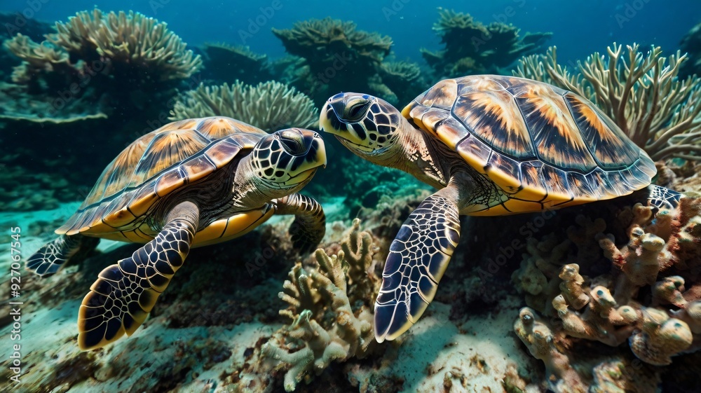 Two endearingly adorable baby turtles, their vibrant shells painted with a rainbow of colors, their tiny flippers paddling gracefully amidst a kaleidoscope of coral and seaweed in the crystal-clear wa Two endearingly adorable baby turtles, their vibrant shells painted with a rainbow of colors, their tiny flippers paddling gracefully amidst a kaleidoscope of coral and seaweed in the crystal-clear wa