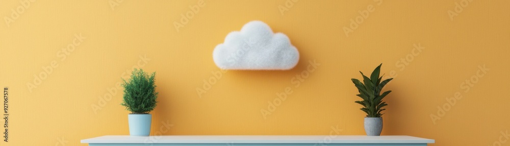 Stylish shelf displaying a decorative cloud and green plants against a vibrant yellow wall, perfect for modern interior design. Stylish shelf displaying a decorative cloud and green plants against a vibrant yellow wall, perfect for modern interior design.