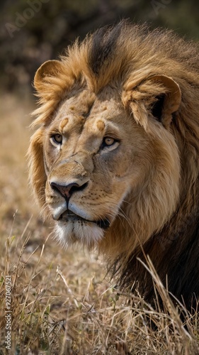 Regal Lion Resting in the Grasslands of Kruger National Park, South Africa - A Captivating Portrait of Africa's Iconic Predator in its Natural Habitat