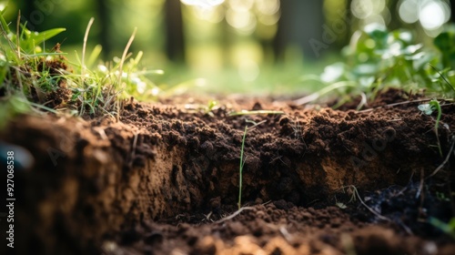 Grass covered soil layers unveil cross section displaying earth s strata beneath