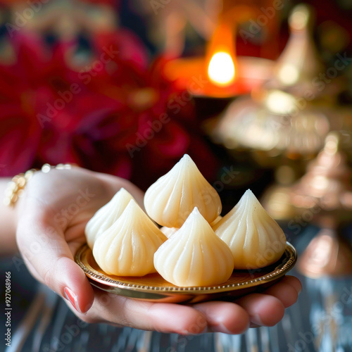 woman holding modak in hand on lord ganesha festival photo