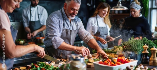 Middle Aged Friends in Lively Cooking Class Creating Festive Appetizers with Professional Chef Guidance photo