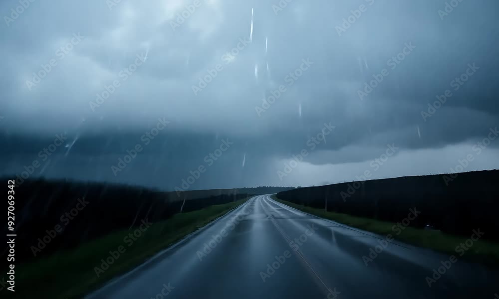 A dark, wet road stretches out into a stormy sky, with a funnel cloud visible in the distance. A dark, wet road stretches out into a stormy sky, with a funnel cloud visible in the distance.