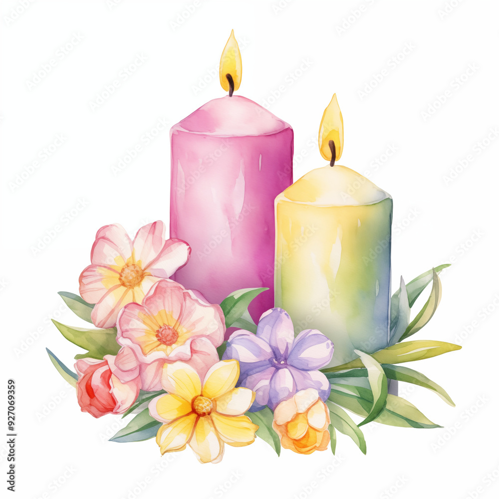 Two Candles With Colorful Flowers And Soft Glow Creating A Warm And Serene Atmosphere Two Candles With Colorful Flowers And Soft Glow Creating A Warm And Serene Atmosphere