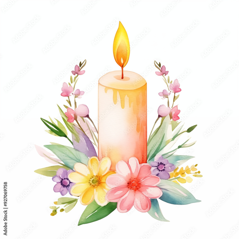 Single Candle With A Bright Flame And Fresh Flowers In Soft Pastel Colors Single Candle With A Bright Flame And Fresh Flowers In Soft Pastel Colors