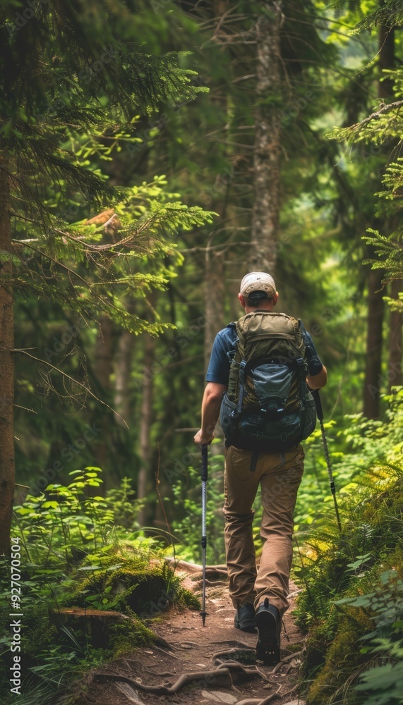 Adventurous Man Hiking Through Dense Forest with Backpack and Trekking Poles for Nature Exploration Adventurous Man Hiking Through Dense Forest with Backpack and Trekking Poles for Nature Exploration
