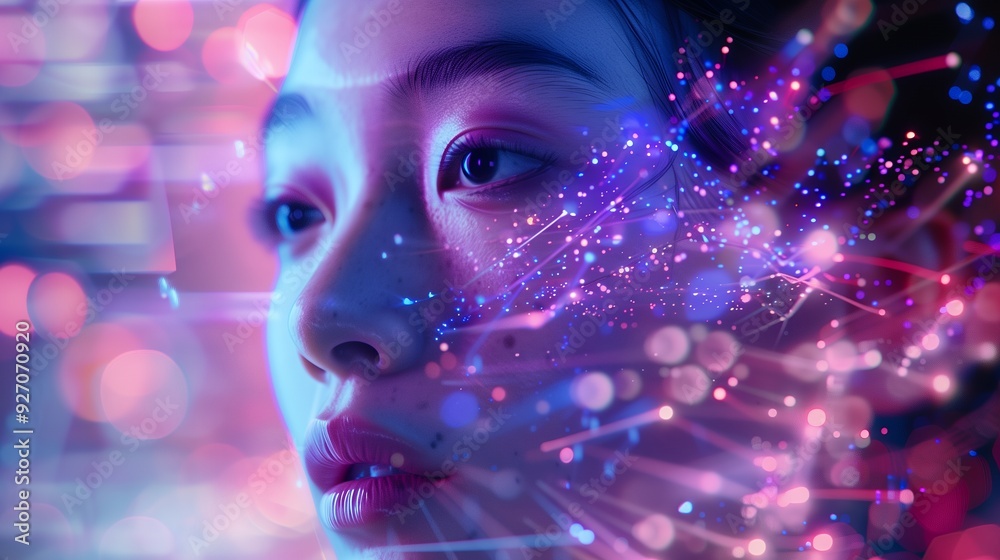 Closeup of a woman's face with colorful lights and bokeh.