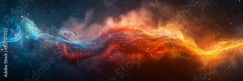 Vibrant depiction of two entangled particles emitting glowing waves of light connecting them