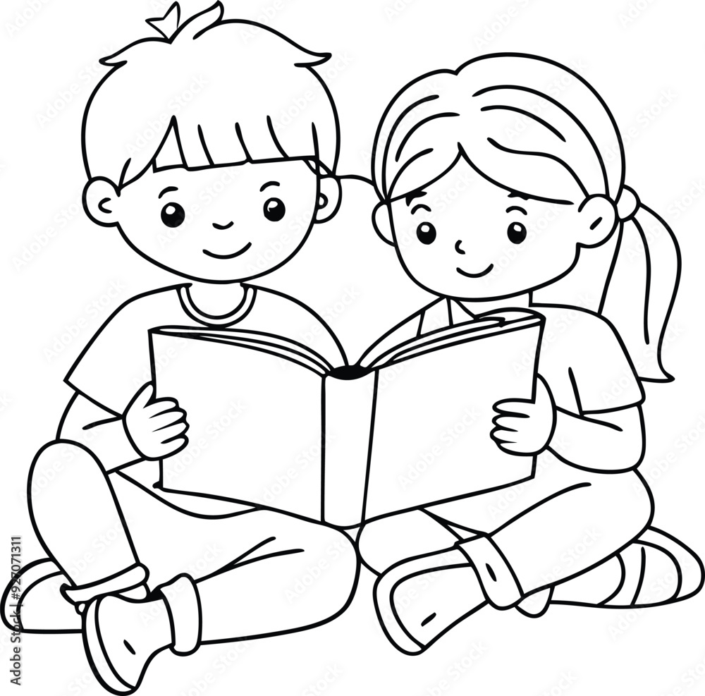 Little boy and little girl reading book 