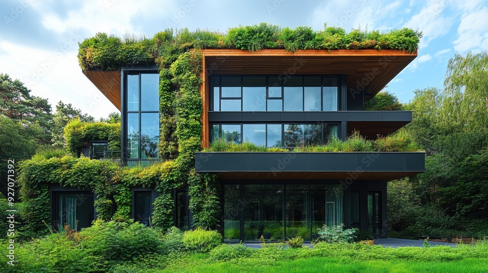 A Sustainable House Surrounded by Lush Greenery, Harmonizing with Nature in a Serene Environment A Sustainable House Surrounded by Lush Greenery, Harmonizing with Nature in a Serene Environment