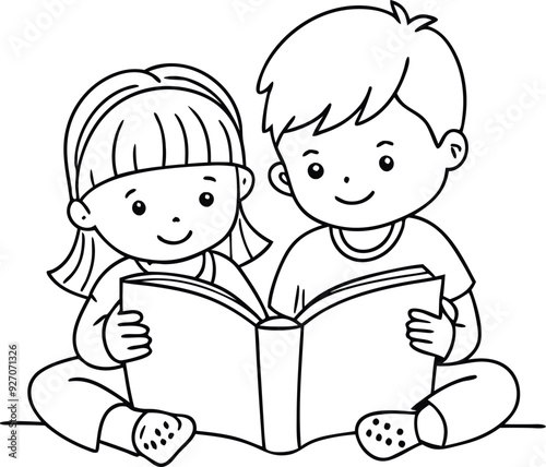 Little boy and little girl reading book 