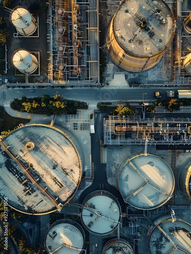 An aerial perspective of a well-ordered system of containers holding hidden energy that sustains our everyday existence. Adaptable fuel: Gas for cooking and beyond. Ideas of energy and fuel. photo