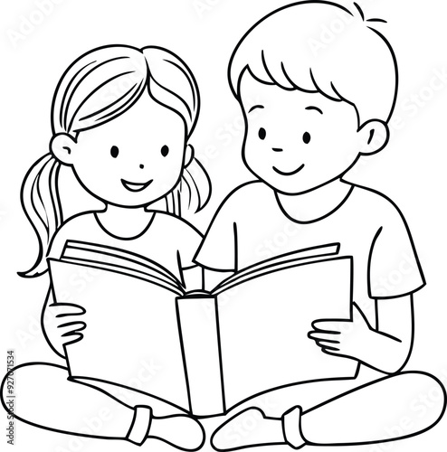 Little boy and little girl reading book 