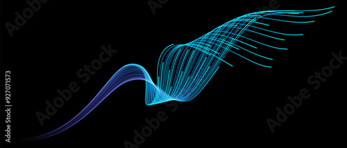 Vector abstract light lines wavy flowing dynamic in blue green colors isolated on black background for concept of AI technology, digital, communication, 5G, science, music