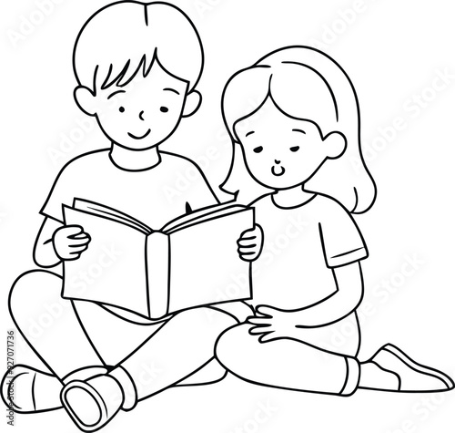 Little boy and little girl reading book 