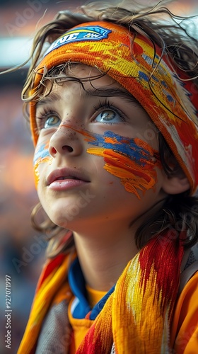 Young fan in the stands face painted in team colors eyes wide with excitement as he watches his heroes on the field photo