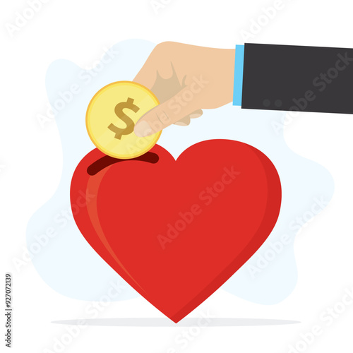 charity, donation, financial assistance, aid or support, philanthropy. Human hand putting coin into red heart. Donating money to nonprofit organization or foundation.