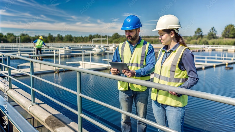 environmental engineers work at wastewater treatme. environmental engineers work at wastewater treatme.