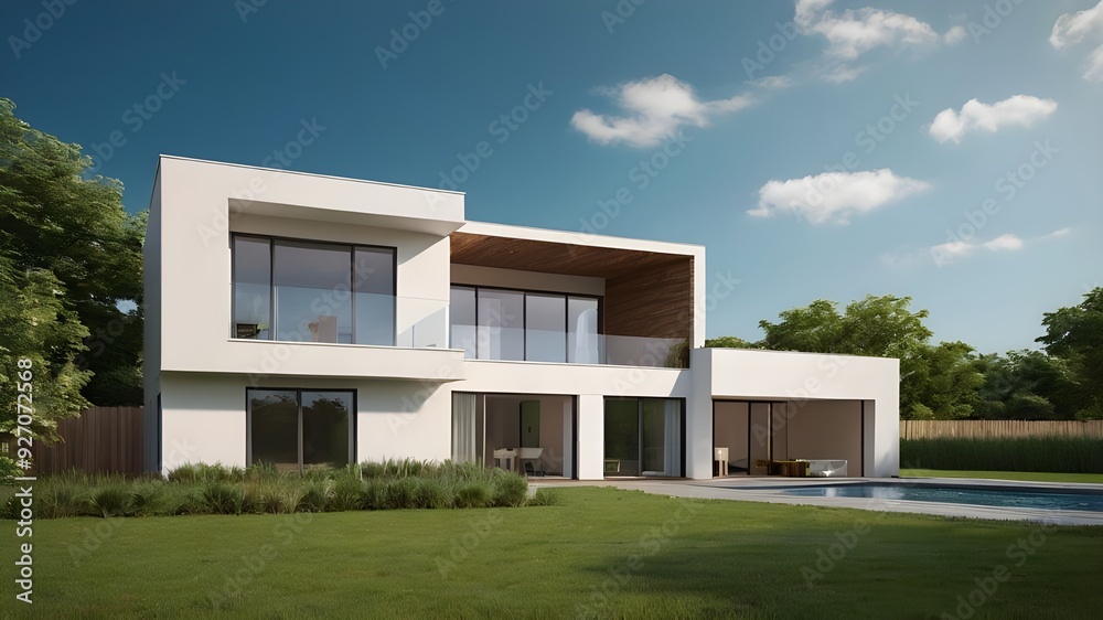 modern minimalist house with blue sky and green grass, Ai Generated modern minimalist house with blue sky and green grass, Ai Generated