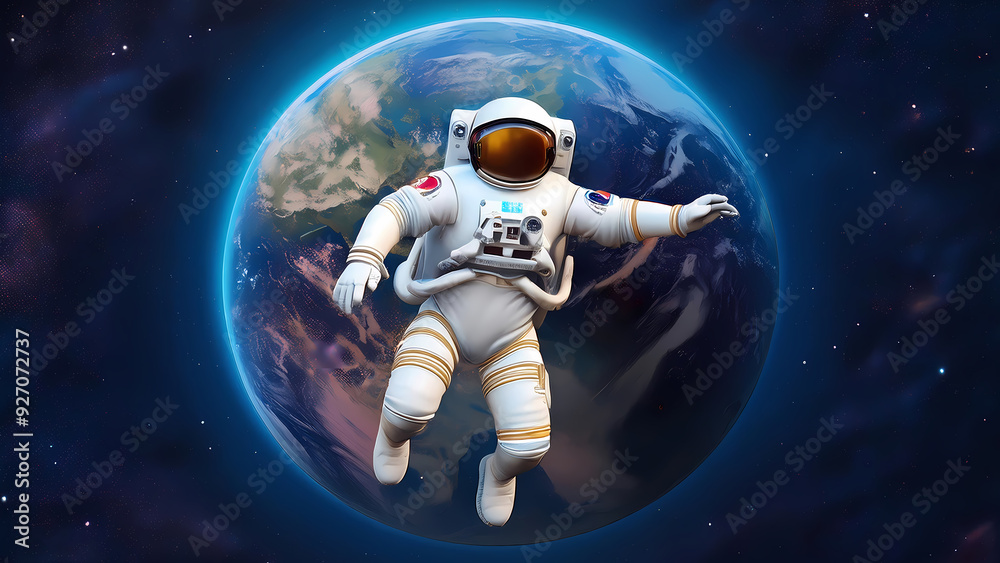 Naklejka premium 3D illustration of astronaut falling to earth planet. 8K realistic science fiction art. 