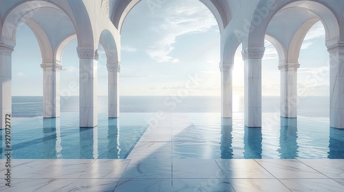 A view of the ocean through a series of arches and columns. The ocean is calm and the sky is clear.