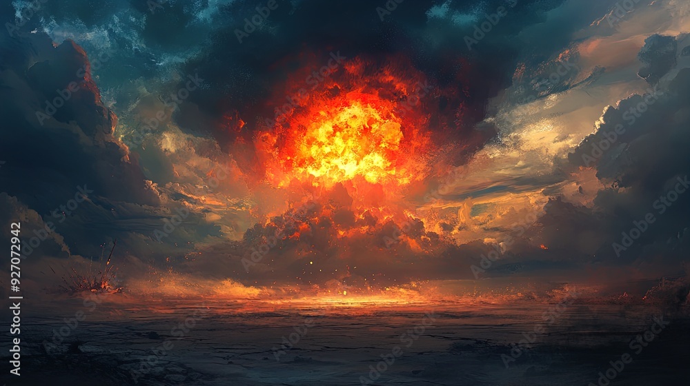 Epic Mushroom Cloud Poster: A Fiery Explosion Illuminates a Barren Landscape - Perfect for High-Energy Sports Interiors and Bold Artistic Statements! Epic Mushroom Cloud Poster: A Fiery Explosion Illuminates a Barren Landscape - Perfect for High-Energy Sports Interiors and Bold Artistic Statements!