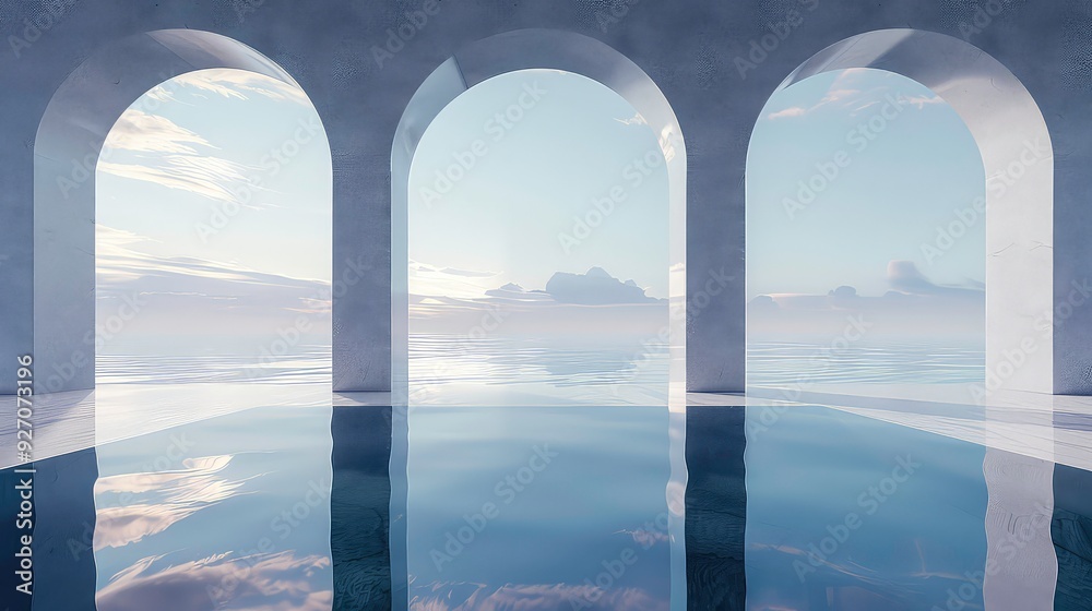 Three arched doorways with a view of the sea and sky. Three arched doorways with a view of the sea and sky.