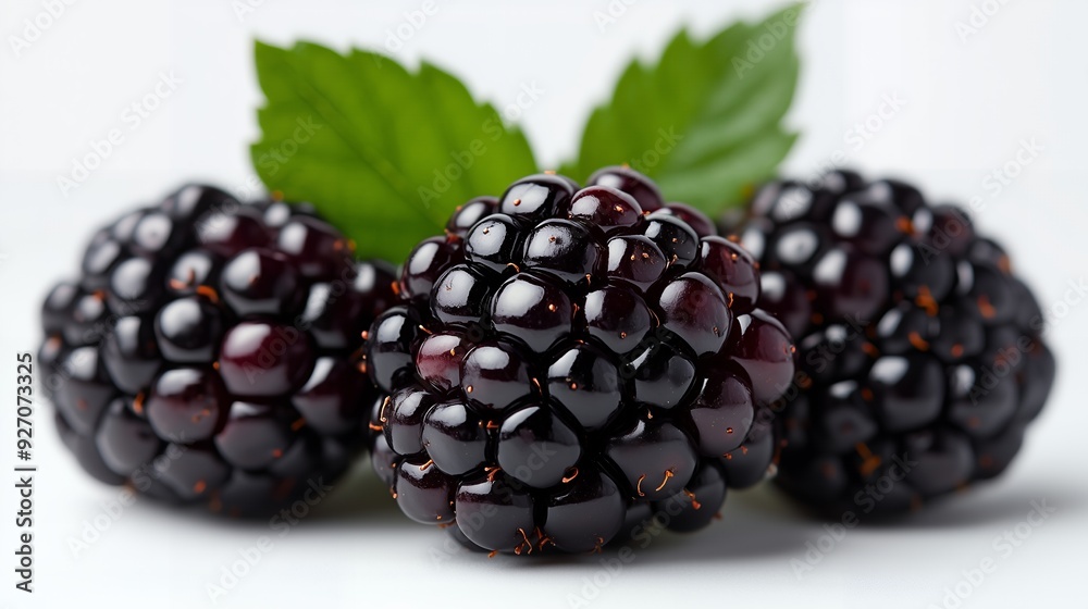 Close-up of three ripe blackberries with a green leaf in the background. Close-up of three ripe blackberries with a green leaf in the background.
