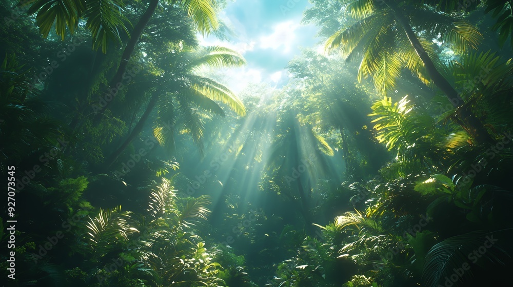Obraz premium Sunlight rays pierce through a dense tropical rainforest canopy.