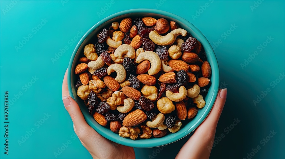 Vibrant Poster of a Hand-Held Bowl Overflowing with Nuts and Dried Fruits: Perfect Décor for Sports Interiors and Healthy Snack Inspiration on a Bold Teal Background! Vibrant Poster of a Hand-Held Bowl Overflowing with Nuts and Dried Fruits: Perfect Décor for Sports Interiors and Healthy Snack Inspiration on a Bold Teal Background!