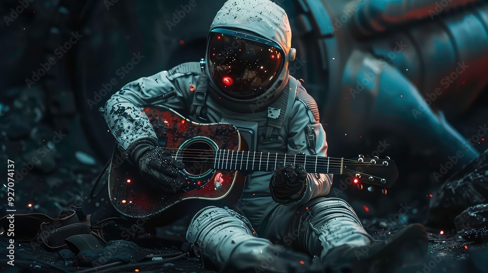 An astronaut in a spacesuit plays a guitar on a dark, rocky surface. An astronaut in a spacesuit plays a guitar on a dark, rocky surface.