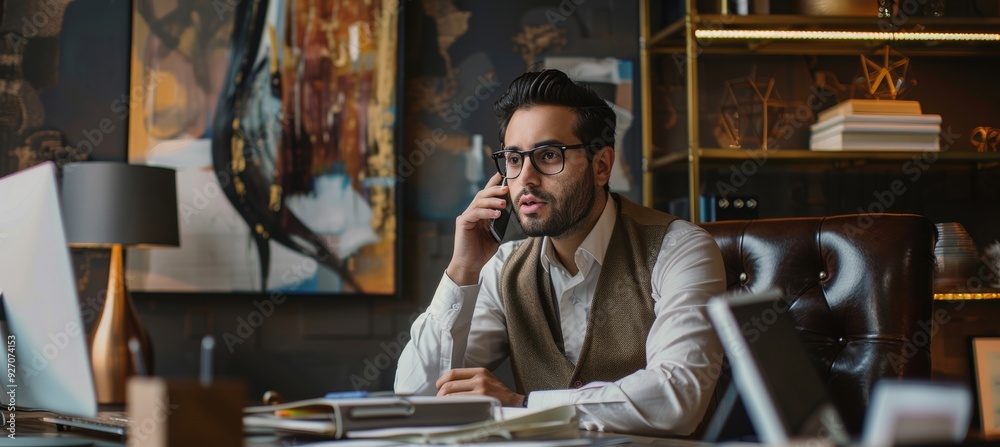 Obraz premium Professional Man in Stylish Office Talking on Phone for Business Concept and Modern Workspace Background