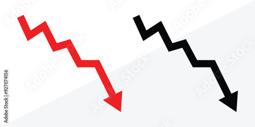 Business share market downfall red arrow. Businessman stick figure character downfall by dollar coin and decrease arrow chart. Business failure, investment loss or market crash crisis in eps 10.
