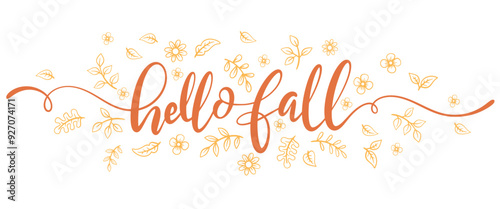 Hello fall hand lettering phrase on orange fall leaf background