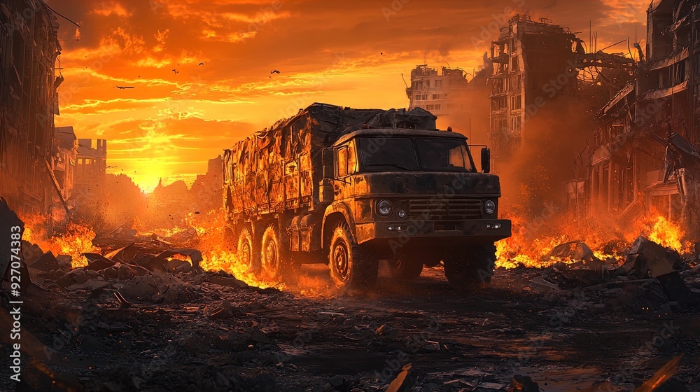 Epic Military Truck Journey Through a Ravaged Urban Landscape at Sunset: Perfect Poster for Sports and Adventurous Interiors Epic Military Truck Journey Through a Ravaged Urban Landscape at Sunset: Perfect Poster for Sports and Adventurous Interiors