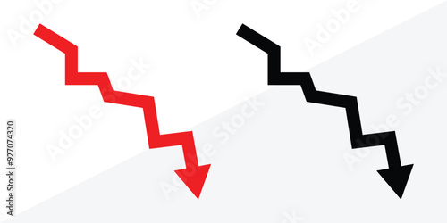 Business share market downfall red arrow. Businessman stick figure character downfall by dollar coin and decrease arrow chart. Business failure, investment loss or market crash crisis in eps 10.