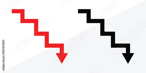 Business share market downfall red arrow. Businessman stick figure character downfall by dollar coin and decrease arrow chart. Business failure, investment loss or market crash crisis in eps 10.