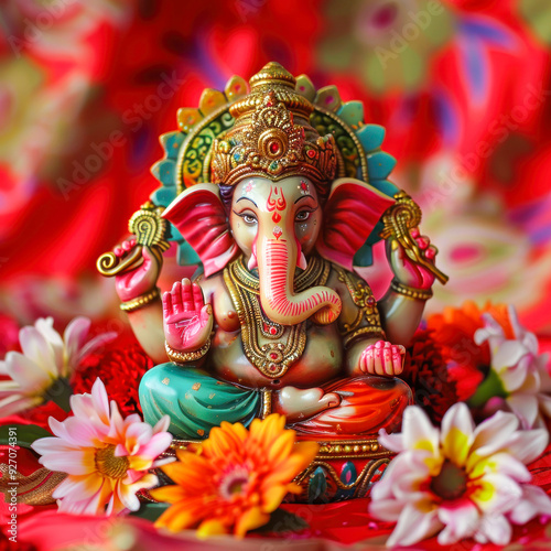 Wallpaper Mural colorful lord ganesha statue on red background Torontodigital.ca