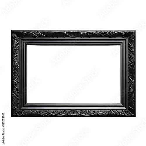 A black ornate picture frame isolated on a black background.