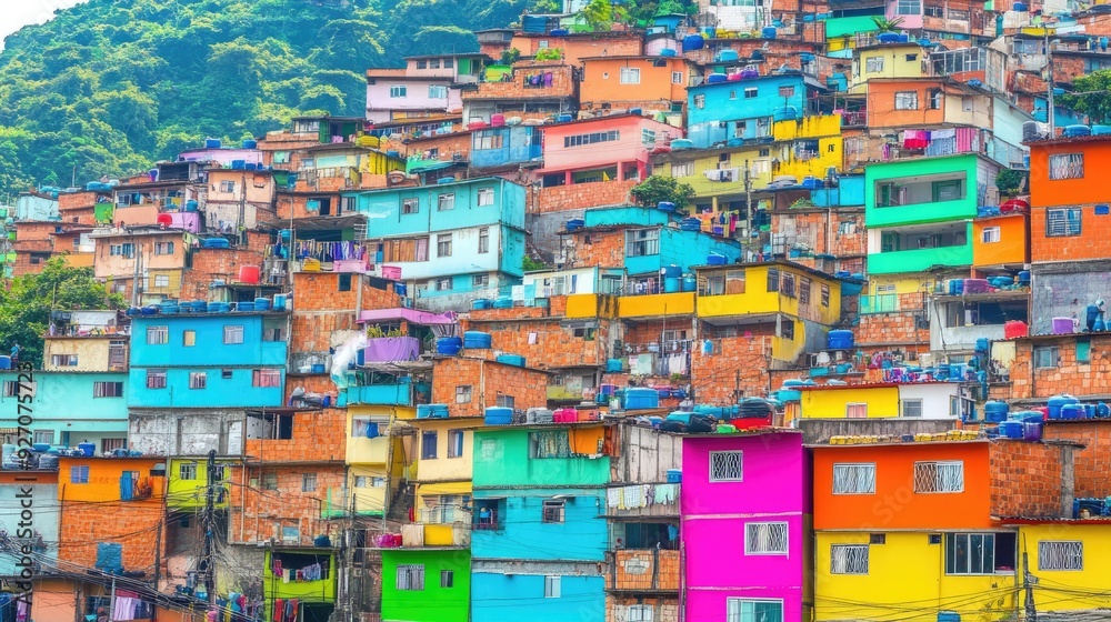 A vibrant view of a Brazilian favela with colorful houses stacked on a hillside and people in the streets below. A vibrant view of a Brazilian favela with colorful houses stacked on a hillside and people in the streets below.