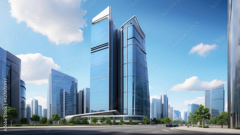 Corporate skyscraper with a modern, sleek design, towering in a business Corporate skyscraper with a modern, sleek design, towering in a business
