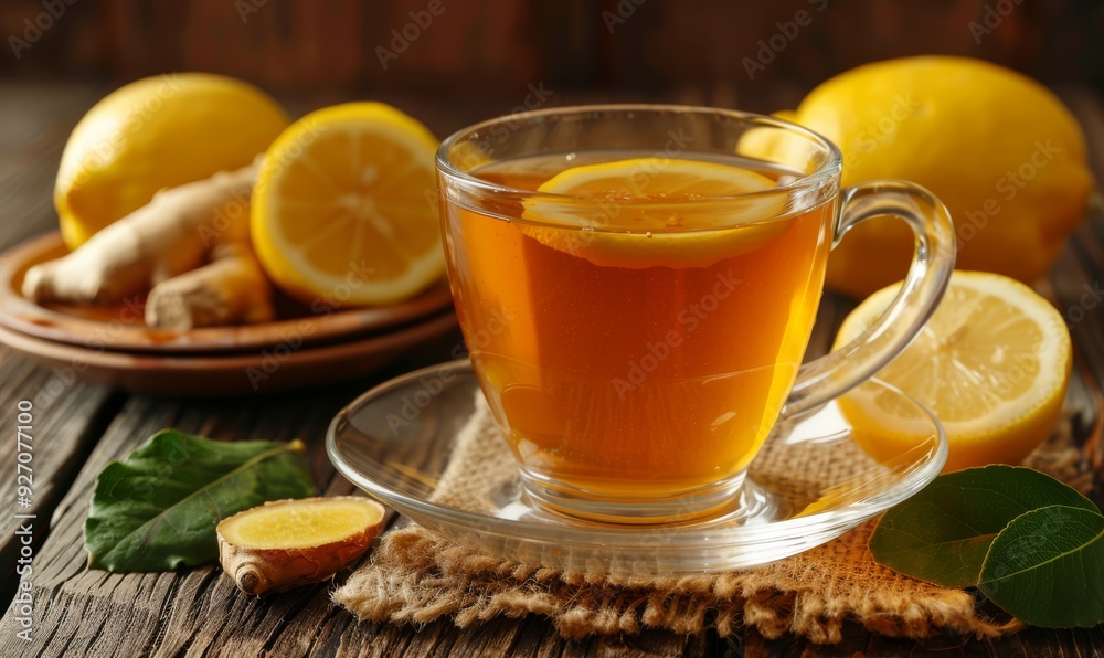 A warm cup of ginger tea with lemon slices and honey, placed on a rustic wooden table, evoking a sense of comfort and natural wellness A warm cup of ginger tea with lemon slices and honey, placed on a rustic wooden table, evoking a sense of comfort and natural wellness